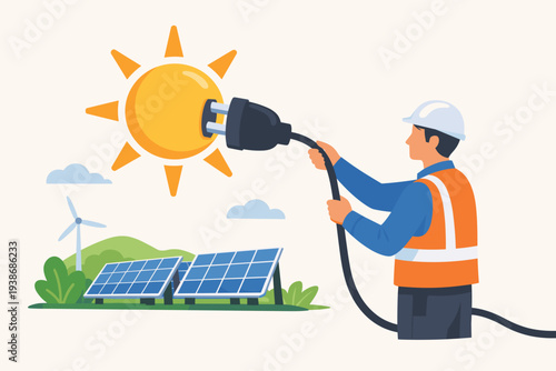 Engineer plugging a power cord into the sun for renewable solar energy, sustainable green power concept with solar panels and wind turbines, clean electricity for ecology and environment saving