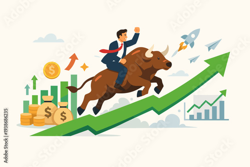 Businessman Riding a Bull Jumping Over a Rising Green Arrow Representing Bull Market Growth, Financial Success, Stock Market Investment, Economic Prosperity, and Increasing Asset Value and Profit