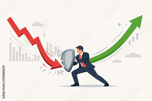 Business Leader Using Shield to Block Falling Red Arrow and Rebound into Rising Green Growth Arrow, Representing Financial Protection, Market Recovery, Economic Success and Crisis Management
