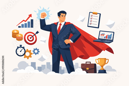 Superhero Businessman with Superpower for Business Success, Strength and Power to Achieve Goals, Leadership and Productivity Concept with Trophy, Target, and Growth Charts Flat Vector Illustration