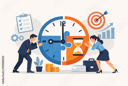 Time management and project management concept with business people assembling a giant clock puzzle to control team tasks, strategic planning, deadline efficiency, and corporate productivity.