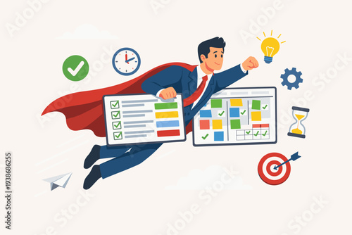 Superhero Businessman Flying with Checklist and Project Management Board. Concept of High Productivity, Efficiency, Time Management, Goal Achievement, and Success in Business. Vector Art.