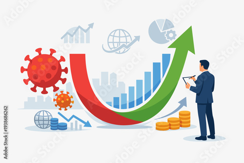 Businessman Analyzing U-Shaped Economic Recovery After Coronavirus Pandemic Crisis, Global Financial Market Growth Chart with Rising Arrow, Post-COVID-19 Business Success and Investment Strategy
