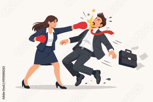 Powerful Businesswoman Winning Competition, Female Leader Overcoming Challenges and Defeating Male Rival, Professional Success and Empowerment Concept, Businesswoman Punching Opponent in Boxing.