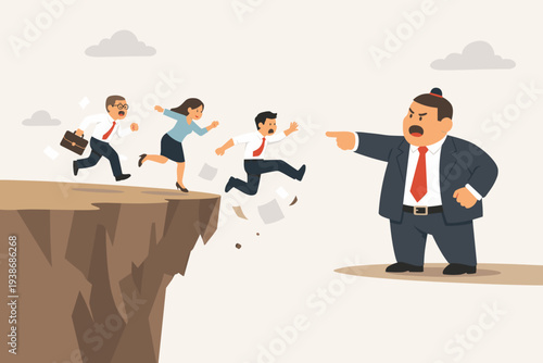 Authoritarian boss pointing employees towards a cliff edge, bad leadership concept, stupid manager leading company to failure and bankruptcy, business people falling into abyss, toxic workplace.
