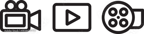 Digital videocamera, play button, and film reel icons for video and multimedia projects