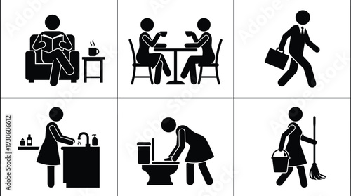 Professional lifestyle silhouette set featuring business people walking reading while drinking coffee and housekeepers performing domestic cleaning duties including bathroom and floor maintenance