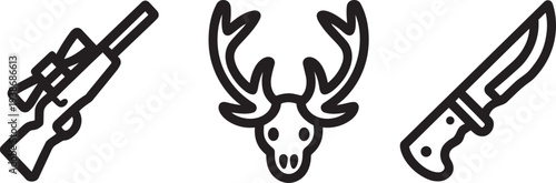 Hunting equipment rifle deer head and hunting knife icons set