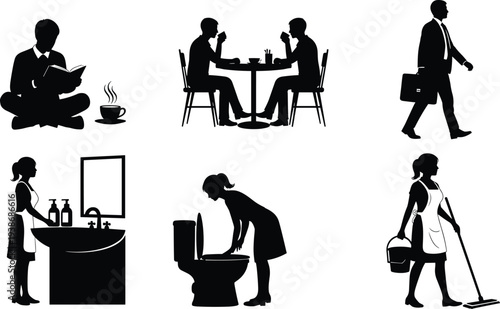 Professional lifestyle silhouette set featuring business people walking reading while drinking coffee and housekeepers performing domestic cleaning duties including bathroom and floor maintenance