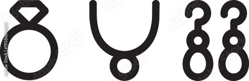 Jewelry icon set featuring diamond ring necklace and earrings for fashion and luxury branding