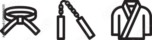 Martial arts equipment set with black belt nunchaku and karate gi jacket outline vector icons