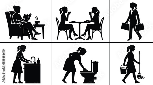 Silhouettes of a woman engaging in daily activities including reading, drinking coffee with a friend, commuting to work, washing hands, and cleaning the bathroom