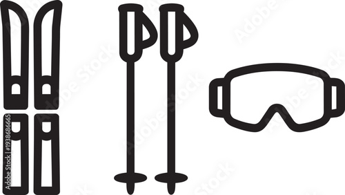 Skiing equipment icons featuring alpine skis poles and goggles in black outline vector design
