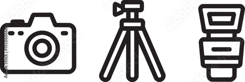 Photography gear with camera, tripod, and flash icons for professional photoshoots