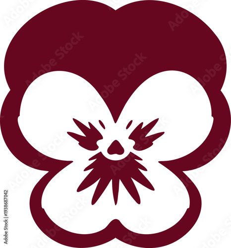 Minimalist botanical illustration of a pansy flower in claret and white on white background
