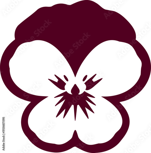 Simple burgundy and white pansy flower with five petals for logos and graphics