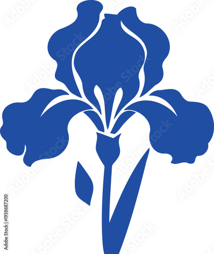 Elegant iris flower design in rich indigo hue against a crisp white background