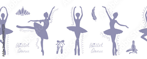 Seamless border of ballet dance. Ballet themes. Ballerina silhouette. Ballerinas. Hand drawn