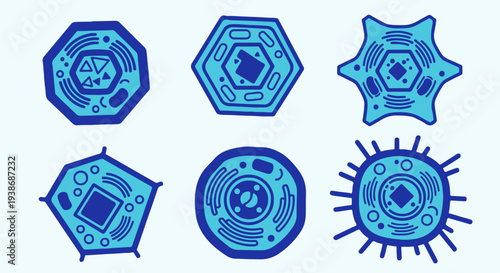 Set of 6 blue virus cell vector icons