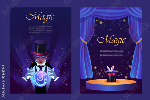 Magic show set. Rabbit in a hat on stage. Set of templates for flyers, posters, banners, brochures. Magic ball, curtain and illusionist. Vector illustration.