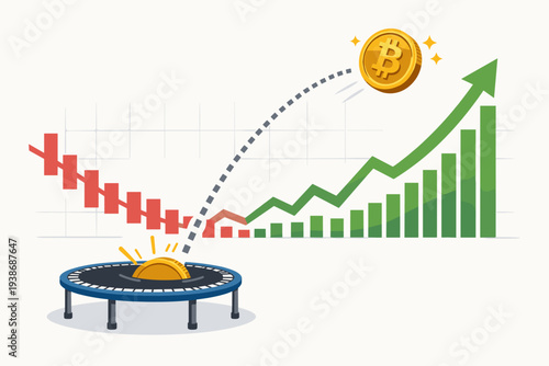 Bitcoin price rebound concept illustration with a golden coin bouncing off a trampoline from a falling red candlestick chart to a rising green growth graph and bullish market trend arrow.