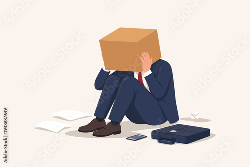 Stressed Businessman Hiding Head in Cardboard Box Sitting on Floor, Concept of Professional Failure, Bankruptcy, Job Loss, Work Mistake, Mental Health, Burnout, and Unemployment Vector Illustration.