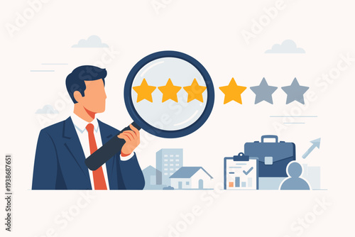 Professional businessman using a magnifying glass to analyze star ratings for property appraisal. Concept of real estate evaluation, quality assessment, business feedback, and market analysis.