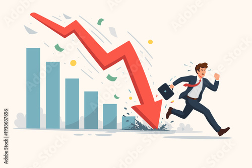 Stressed Businessman Running Away from a Massive Red Arrow Crashing Downwards Representing Economic Recession, Stock Market Failure, Financial Crisis, Investment Loss, and Declining Business Graph