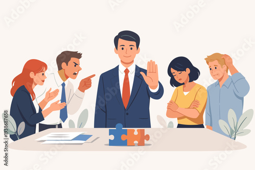 Professional leader mediating workplace conflict with assertive communication, calming aggressive and frustrated employees to solve problems and achieve team compromise and collaboration.
