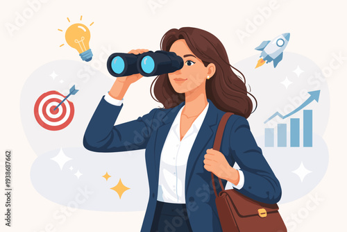 Visionary Businesswoman Looking Through Binoculars Searching for New Job Opportunities or Career Growth. Professional Woman Planning Future Goals with Icons of Lightbulb, Rocket, and Target.