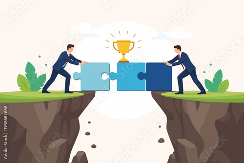 Businessmen collaborating to bridge a gap with puzzle pieces to reach a golden trophy, symbolizing teamwork, partnership, and strategic cooperation for achieving success and common goals.