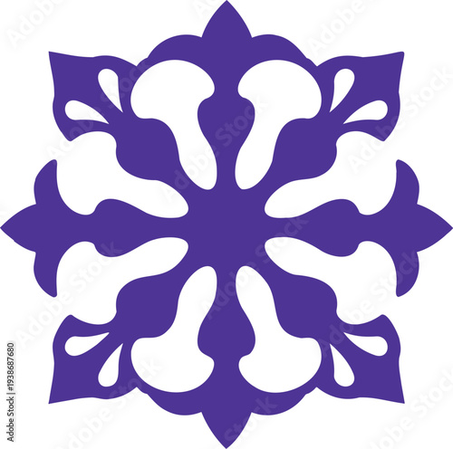Stylized blossom in purple with eight symmetrical petals and teardrop accents on a white backdrop