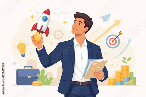 Successful Entrepreneur Launching a New Startup Project with a Rocket, Representing Business Growth, Innovation, and Opportunity. Professional Man in Suit with Idea Bulb, Money, and Target Goals.