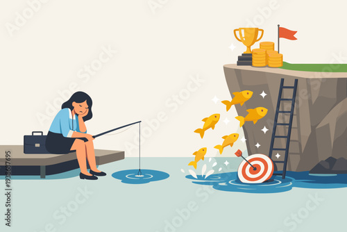 Sad Businesswoman Fishing in Small Puddle Failing to See Big Opportunities and Success Nearby with Golden Fish Target Ladder Trophy and Coins Representing Career Stagnation and Lack of Vision