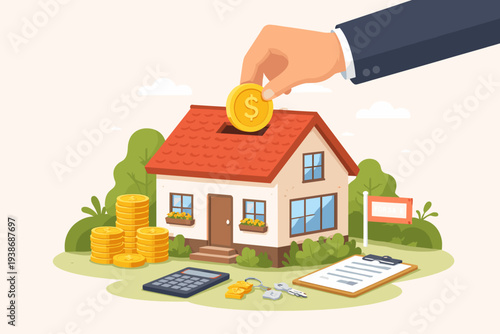 Down Payment for House Purchasing, Mortgage or Real Estate Loan Savings to Buy New Home or Property. Hand Putting Gold Coin into House Piggy Bank with Calculator, Keys, and For Sale Sign Illustration
