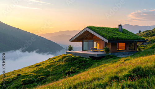 A rustic wooden cottage sits nestled on a grassy hill under a blue summer sky, creating a serene rural landscape in the heart of the mountain nature