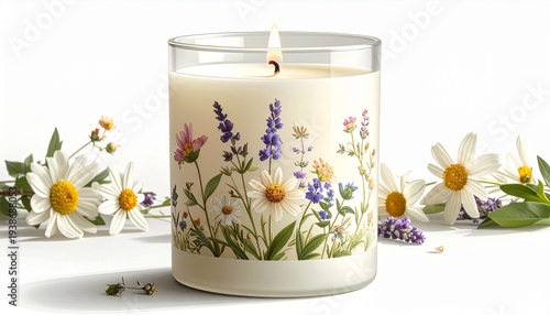 A natural spa decoration featuring a flickering candle flame and fresh flowers for aromatherapy wellness and relaxation