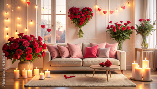 An elegant red rose bouquet in a luxury vase graces a romantic dinner table setting with candles, creating a celebration of interior design within a home living room or hotel apartment