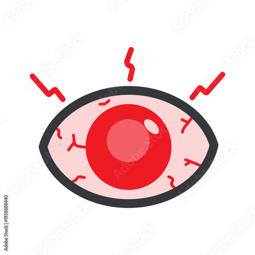 Isolated outline illustration of red eye with visible blood vessels representing eye irritation, eye pain, infection symptom, and eye health problem