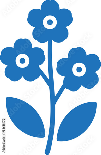 Illustration of three stylized forget-me-not flowers with leaves on a white background
