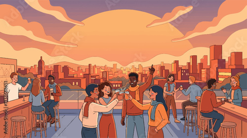Diverse group of friends enjoying a rooftop party at sunset.