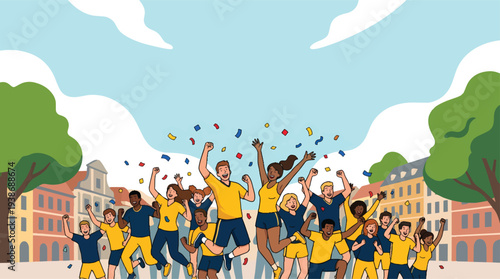 Diverse group of people celebrating success with confetti.