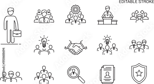  People crowd and team group icon pack. Human resources, teamwork and office staff line symbols with employee and worker figures. Thin outline vector pictogram set for web and app UI with editable str