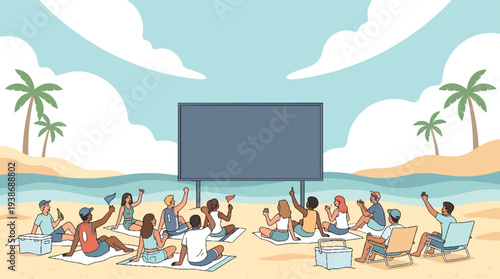 Diverse group of people watching an outdoor movie on a beach.