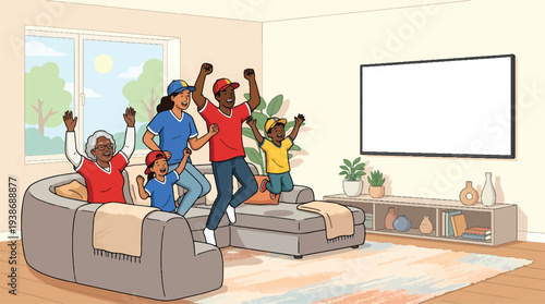 Excited family watching sports on television at home.