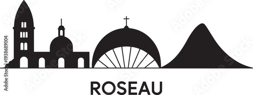 Roseau city silhouette with st patricks cathedral and dominica island mountain peak landscape