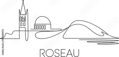 Roseau skyline line art featuring st patricks cathedral and dominica mountain landscape view