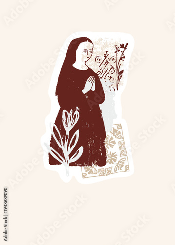 Hand drawn collage style christian nun in prayer greetings card. Faith design . Isolated flat vertical vector sticker shape ready to print. Religious poster, church pilgrimage. Modern bible journaling
