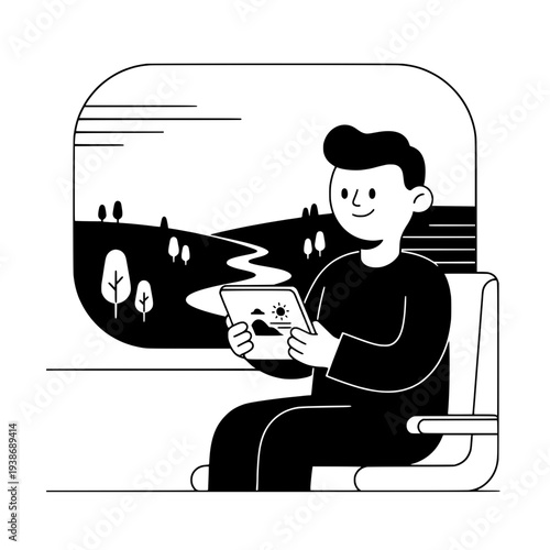 Digital Nomad Illustration with Train Travel or Monochromatic Digital Nomad on Train Illustration