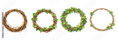 A charming watercolor collection of circular vine wreath frames with green ivy leaves for botanical border illustrations and decorative design.